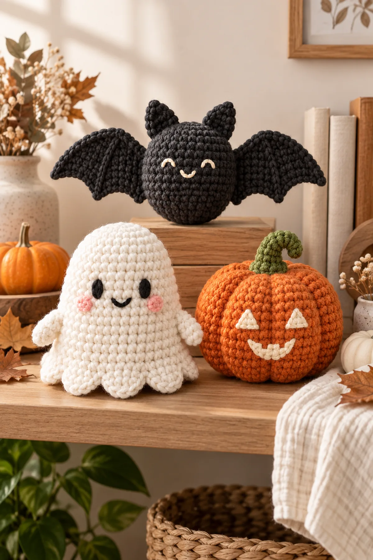 Completed white ghost, orange pumpkin, and charcoal bat amigurumi trio styled on a warm neutral autumn nursery shelf without a baby or crib