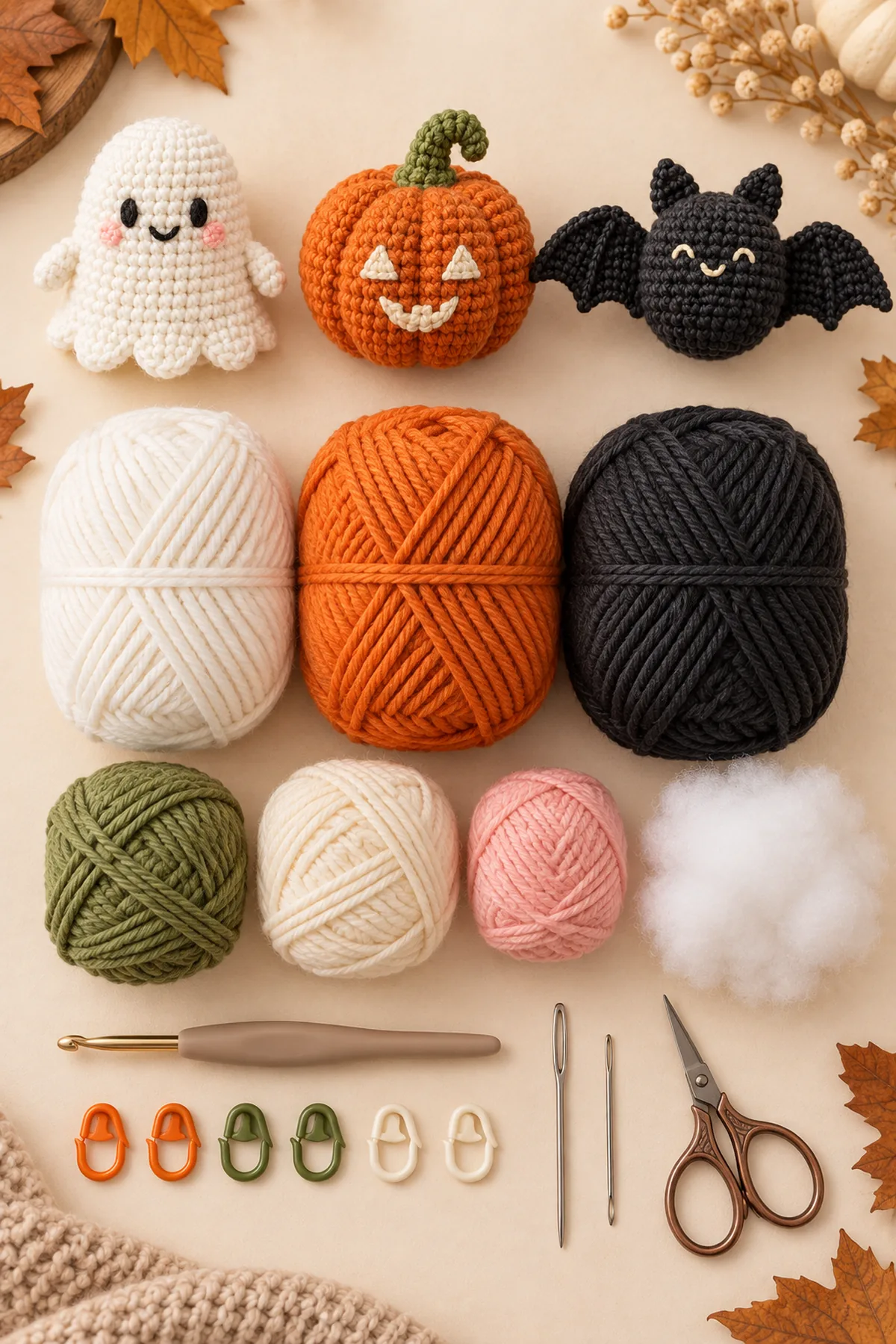 White, orange, charcoal, green, cream, and blush DK yarn, 3.25 mm hook, washable stuffing, markers, yarn needle, embroidery needle, and scissors for three beginner Halloween amigurumi