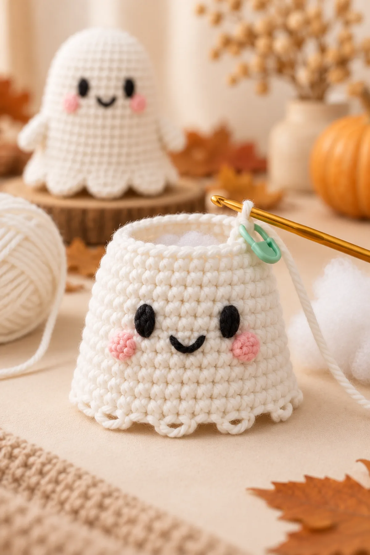 Partly crocheted white ghost body at 24 stitches with round marker, embroidered face, stuffing, and six lower front loops visible for the scalloped skirt