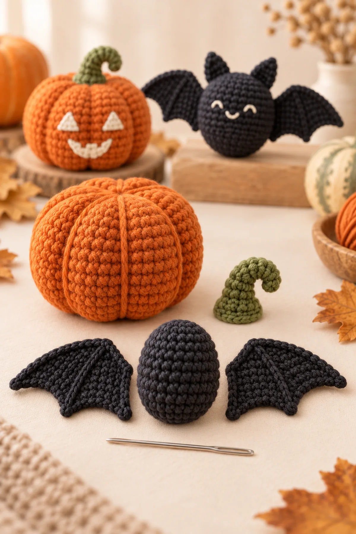 Orange stuffed pumpkin with six sculpting wraps beside a separate charcoal bat body and two flat mirrored crochet wings before assembly