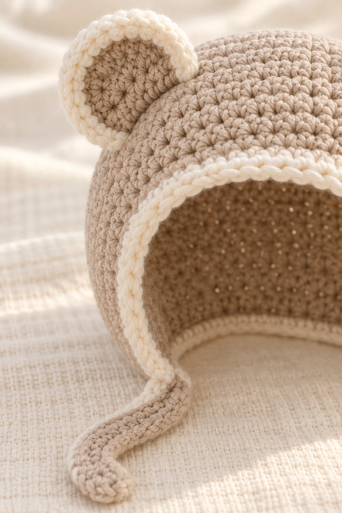 Close-up of cream face edging, reinforced bear ear seam, flat neck edge, and short crochet tie