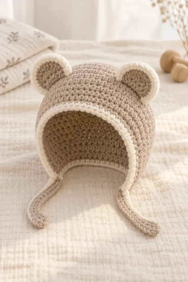 Finished oatmeal baby bonnet with cream face edging, two rounded bear ears, and two short flat ties