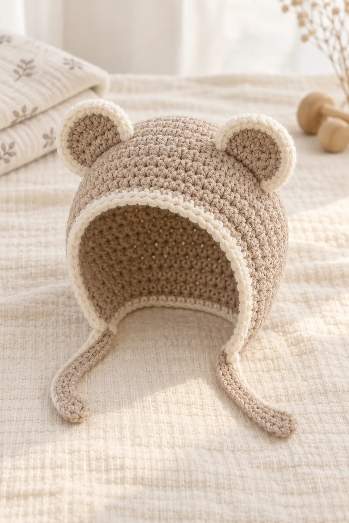 Finished oatmeal baby bonnet with cream face edging, two rounded bear ears, and two short flat ties