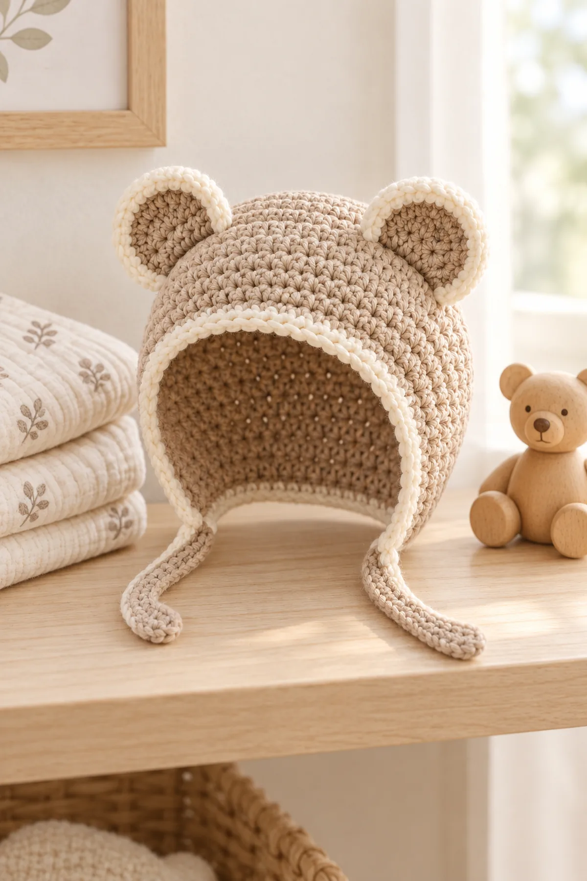 Finished oatmeal and cream bear ear baby bonnet styled upright on a neutral nursery shelf without a baby