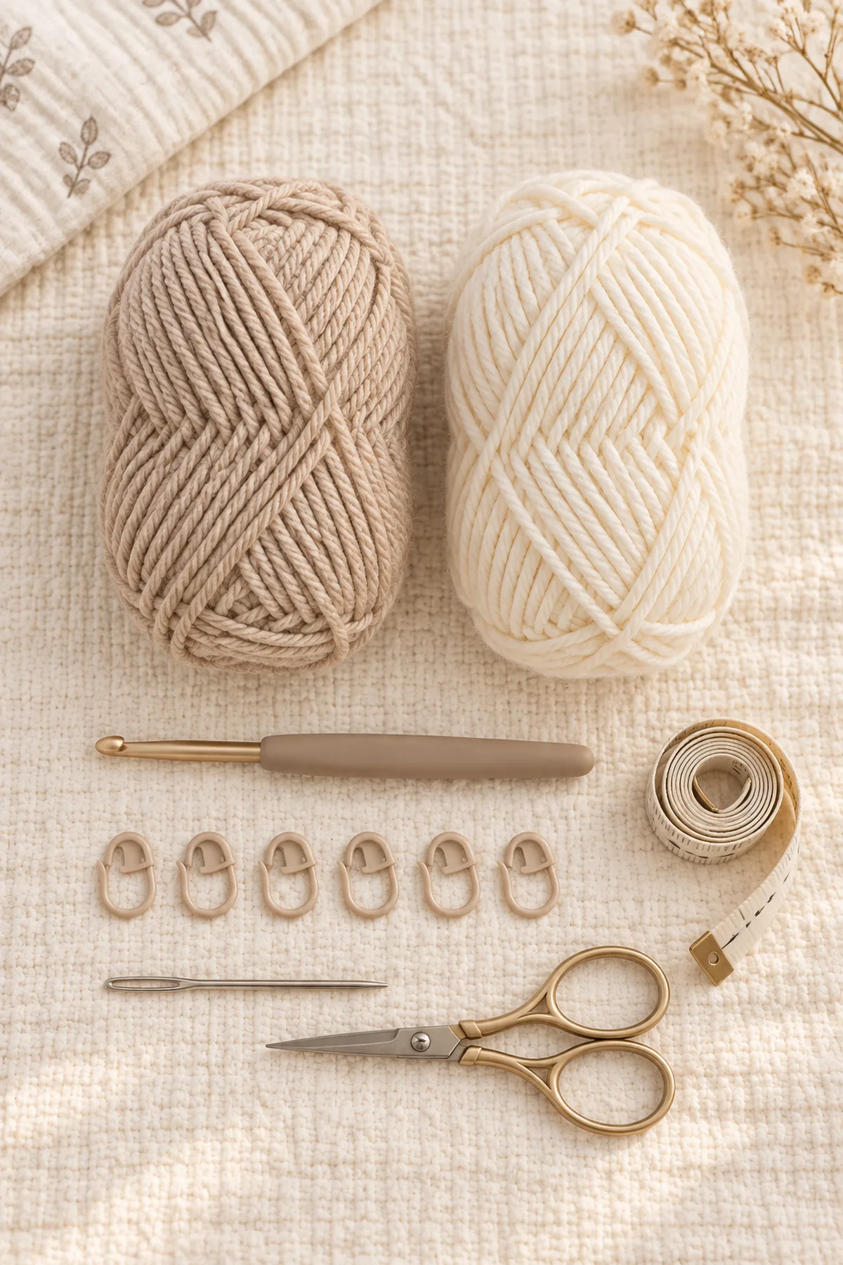 Oatmeal and cream DK yarn, 4 mm hook, stitch markers, tape measure, yarn needle, and scissors for a bear ear baby bonnet