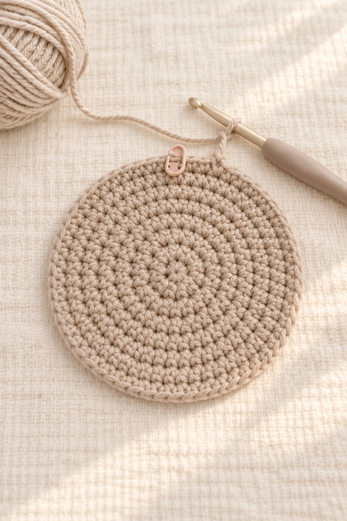 Counted oatmeal 32-stitch circular back crown for a baby bear ear bonnet with marker and hook