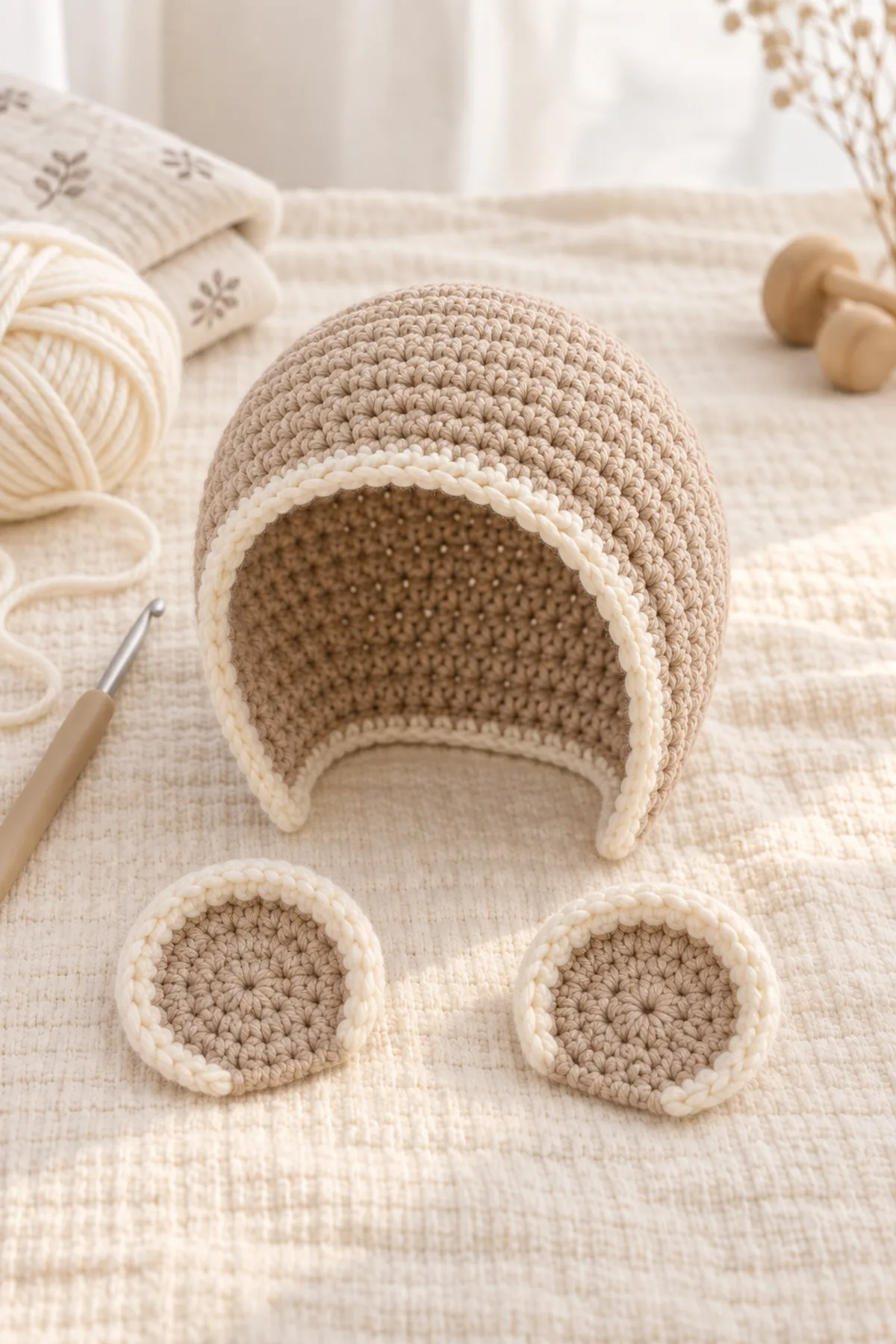 Oatmeal bonnet with completed side rows beside two separate flat rounded bear ears before sewing