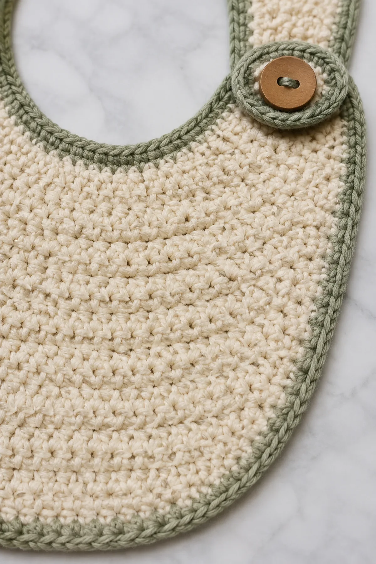 Close-up of the stitch texture and securely finished details on easy crochet baby bib