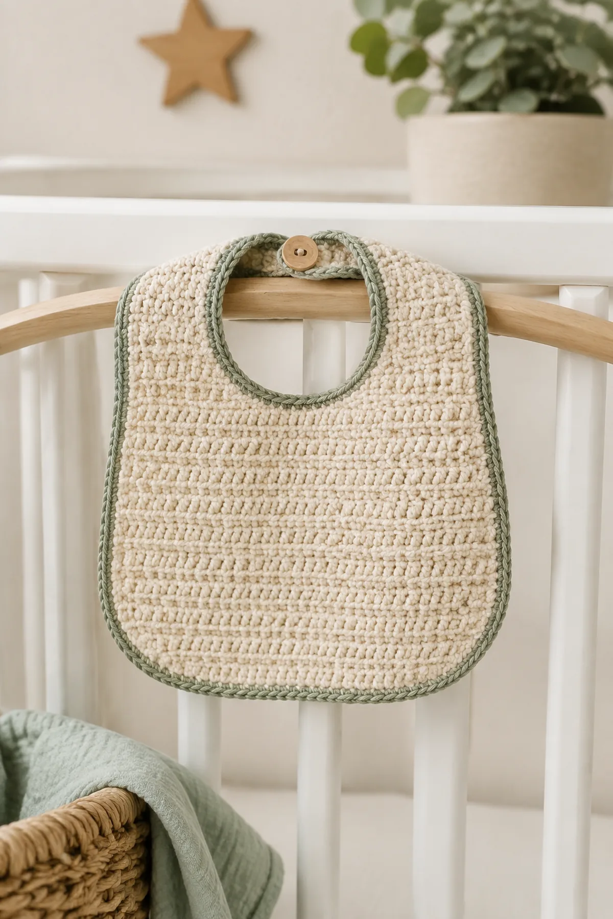 Finished easy crochet baby bib styled in a calm bright nursery setting without a baby present