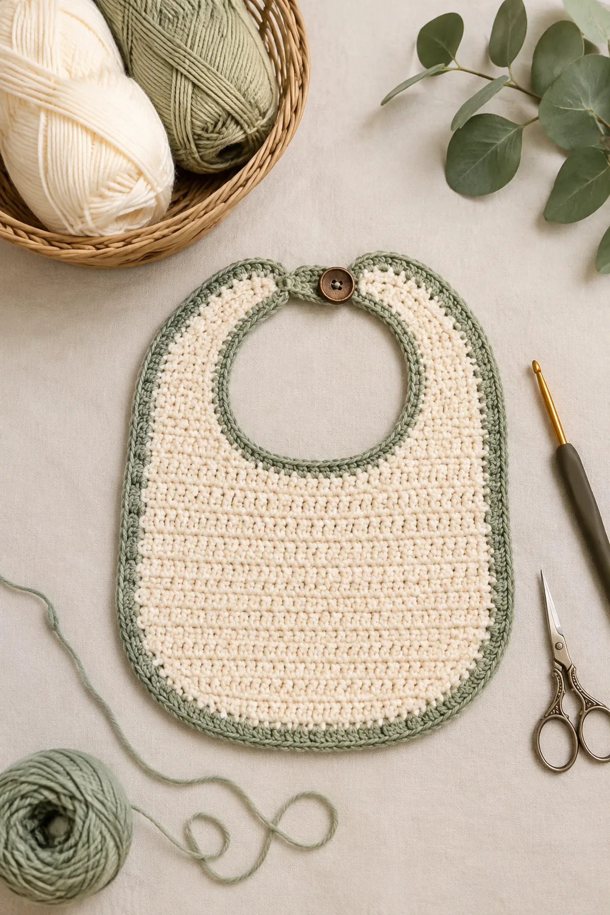 Baby-friendly yarn, crochet hook, stitch markers, tape measure, yarn needle, and scissors for easy crochet baby bib