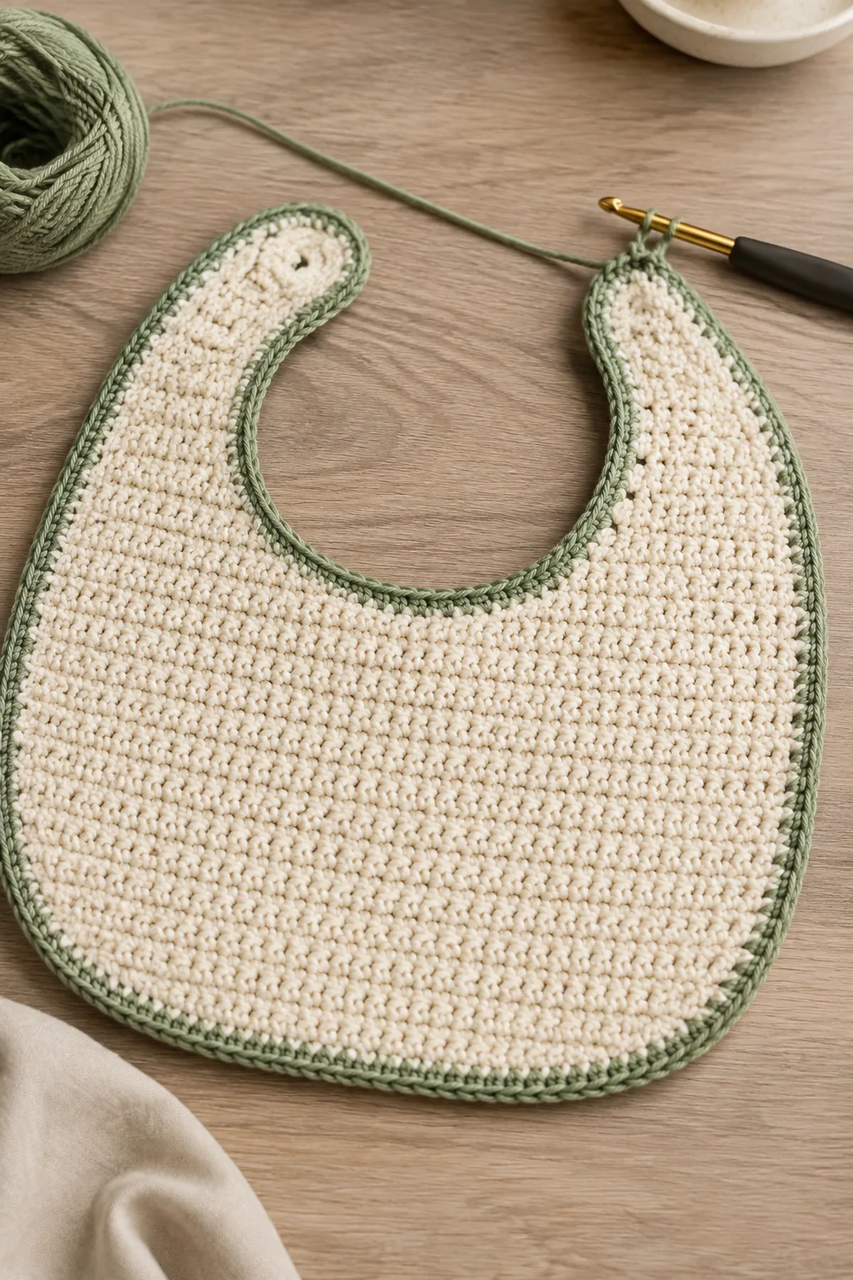 Mid-process construction of easy crochet baby bib showing the established shape