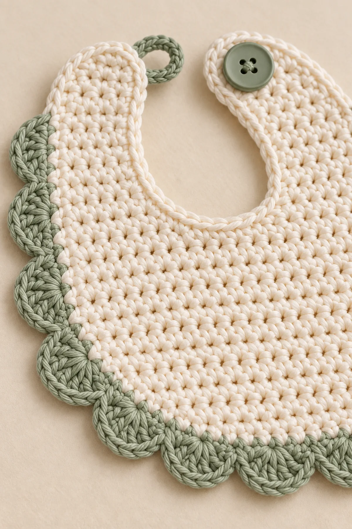 Close-up of sage scalloped bib edge, snug crochet button loop, and securely hand-sewn flat button