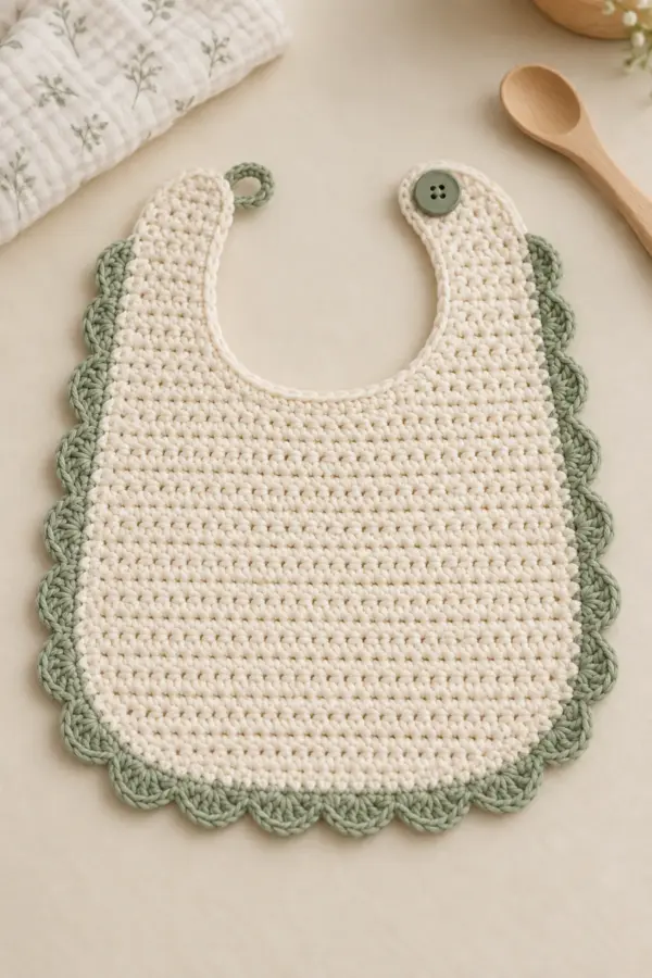 Finished cream cotton baby bib with broad shaped body, U-shaped neck, sage scalloped edge, and one secure side button
