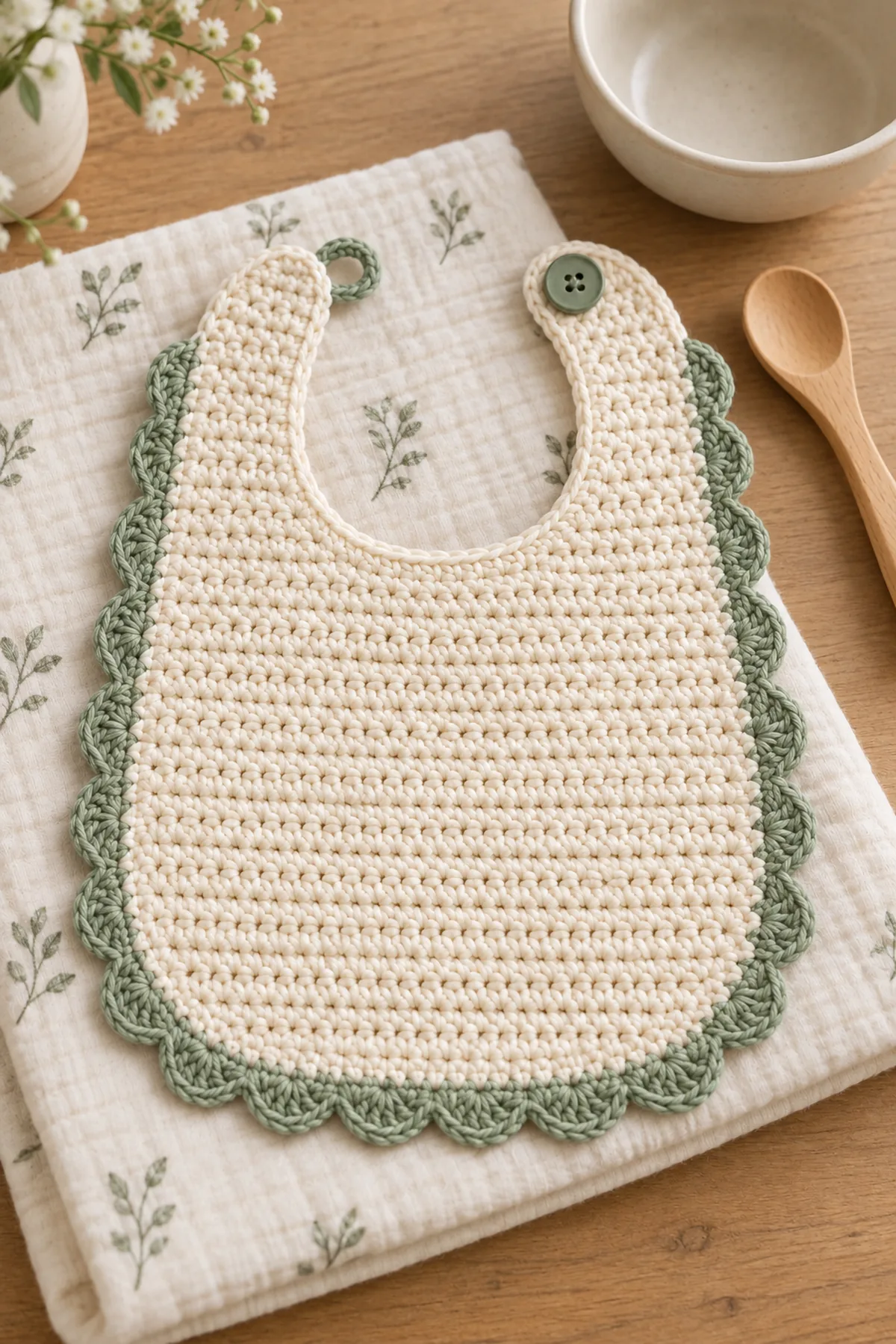 Finished cream and sage scalloped baby bib laid flat beside a small wooden spoon and folded muslin cloth without a baby