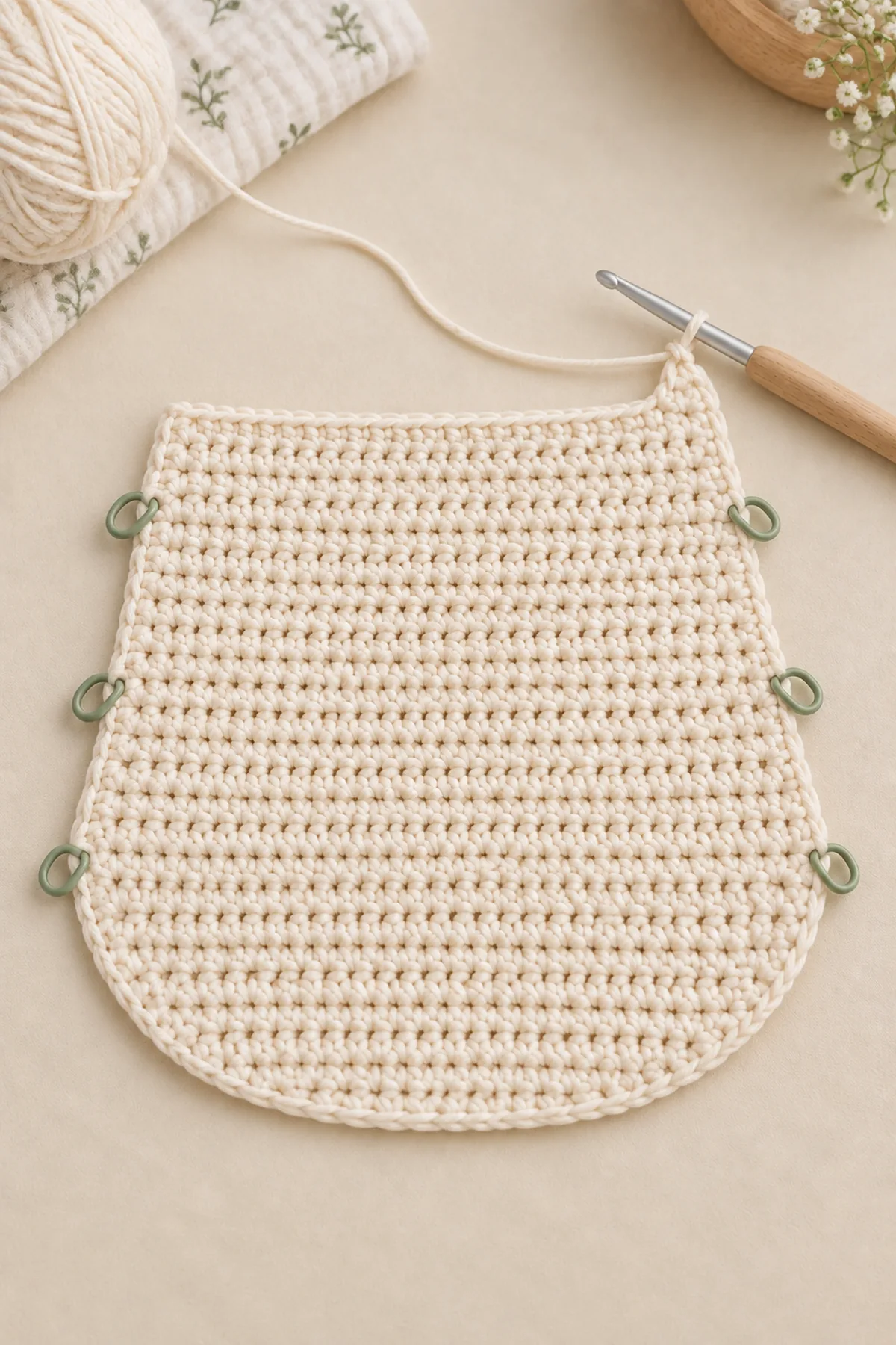 Bottom-up cream crochet bib body increased symmetrically to 32 stitches with edge markers