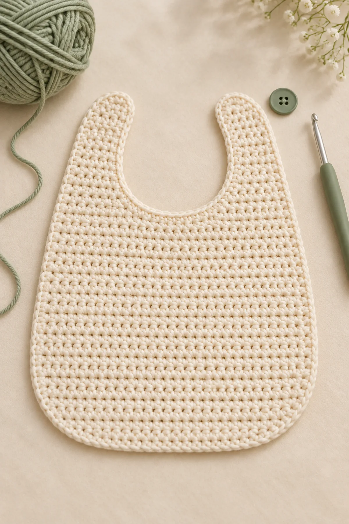 Cream bib with two seven-stitch neck tabs and centered U opening before sage scalloped edging