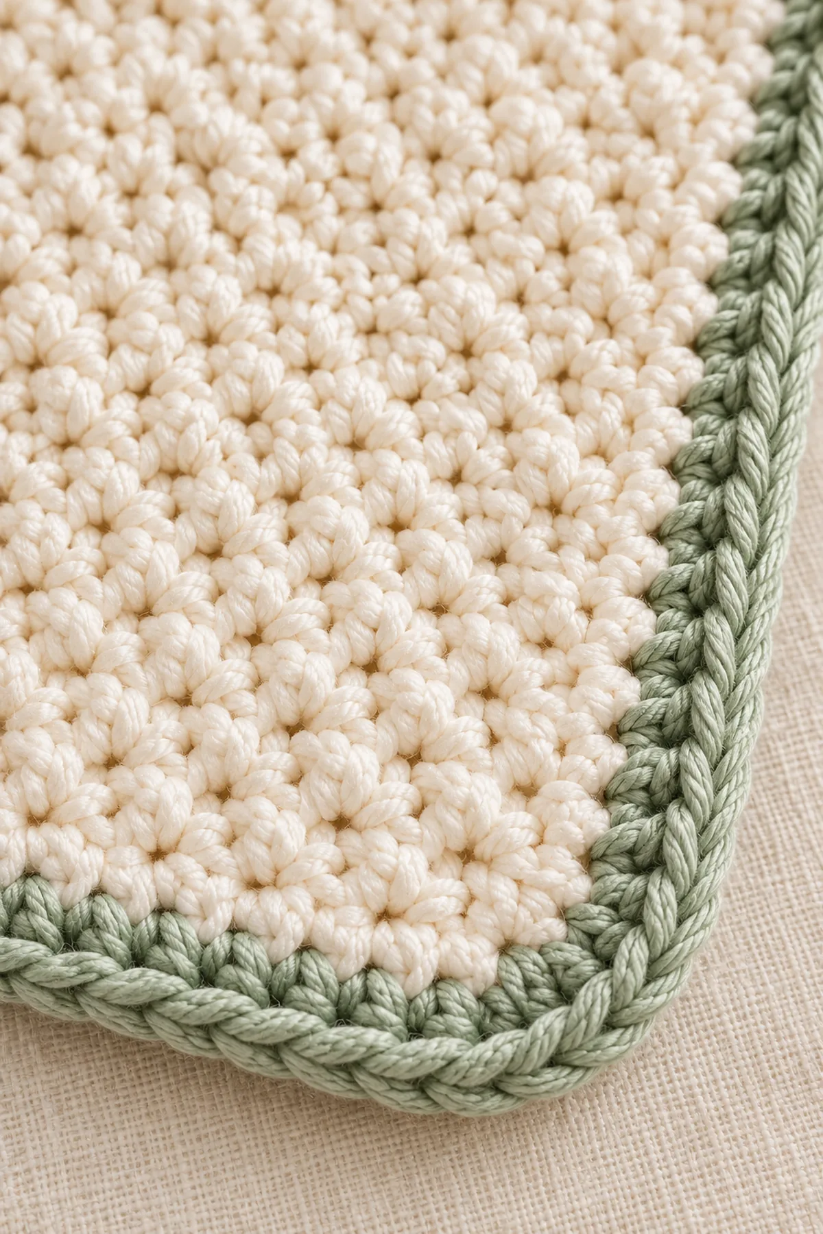 Close-up of absorbent lemon-peel crochet stitches, sage single-crochet setup edge, and firm reverse-single-crochet border