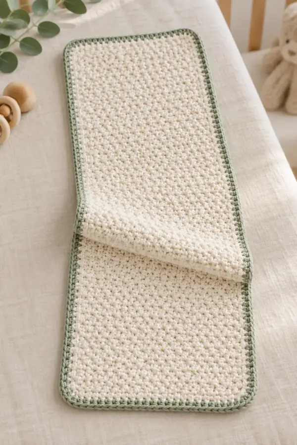 Finished cream 9 by 18 inch crochet baby burp cloth with subtle lemon-peel texture and sage corded border