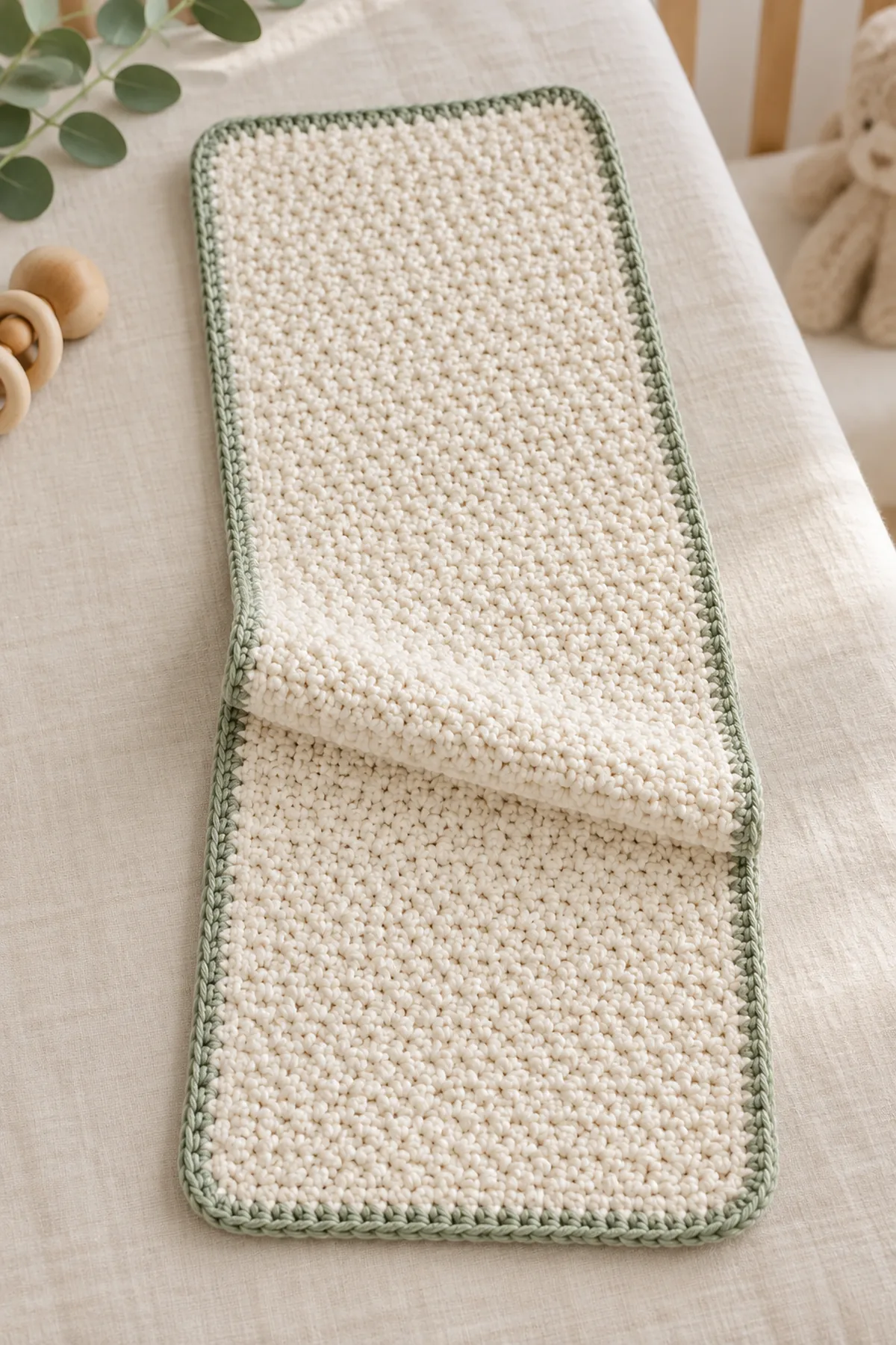 Finished cream 9 by 18 inch crochet baby burp cloth with subtle lemon-peel texture and sage corded border