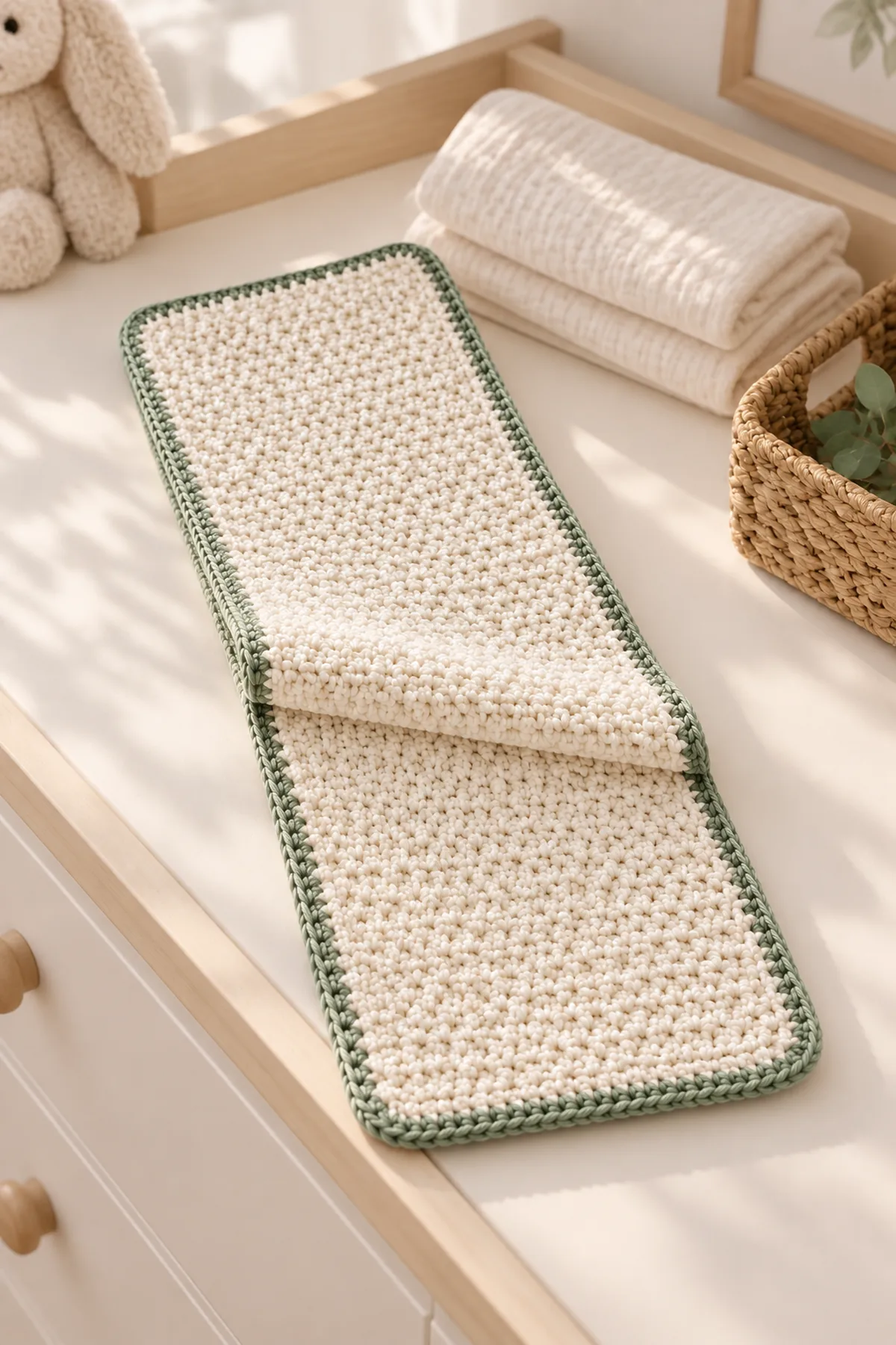 Finished cream and sage textured crochet baby burp cloth folded beside clean muslin cloths on a nursery changing shelf without a baby