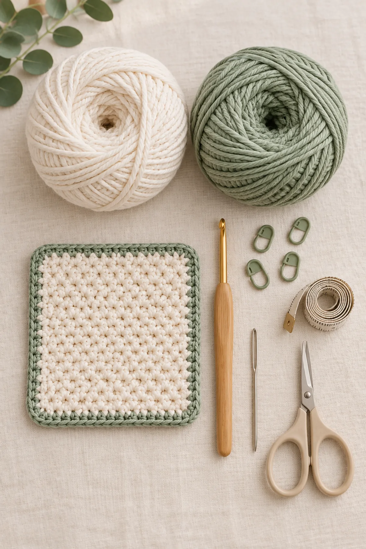 Cream and sage worsted cotton yarn, 4 mm crochet hook, four markers, tape measure, yarn needle, and scissors for a textured baby burp cloth
