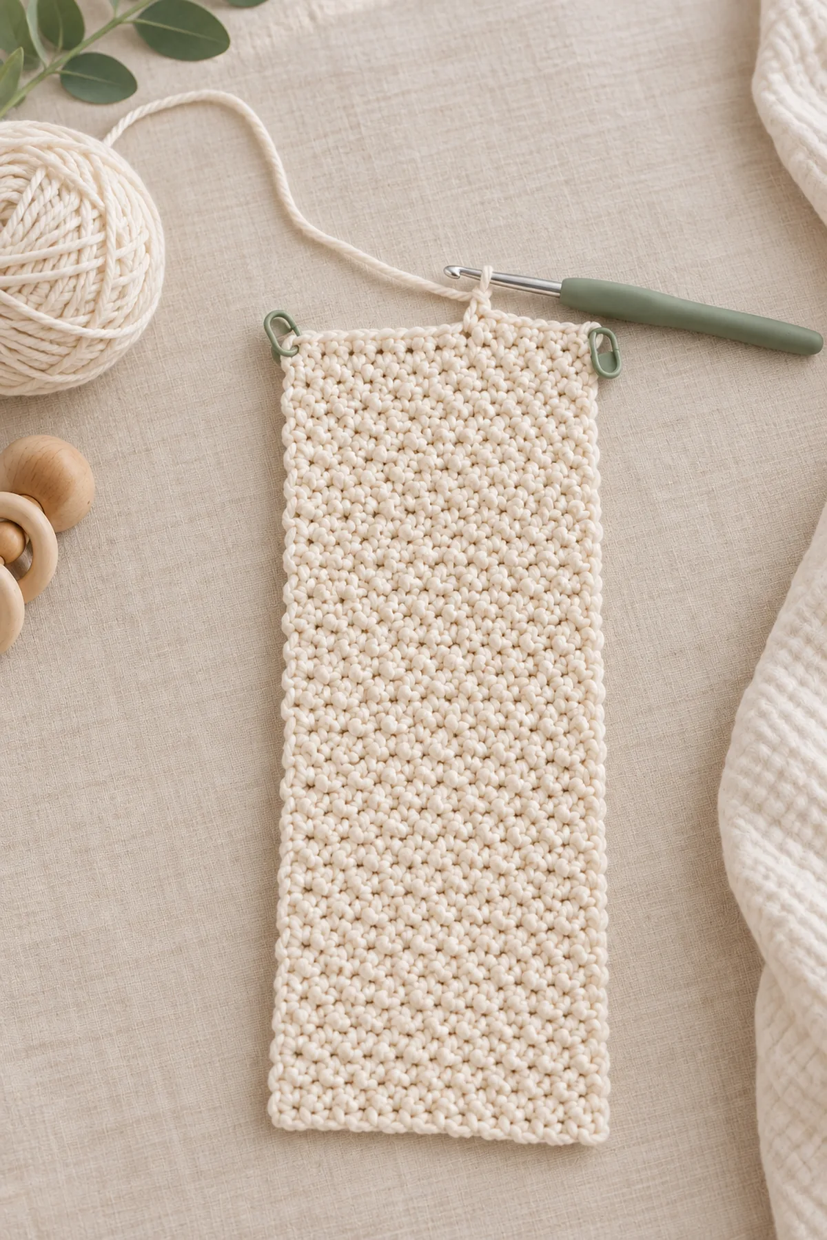 Cream 36-stitch lemon-peel crochet burp cloth rectangle in progress with straight marked edges and 4 mm hook