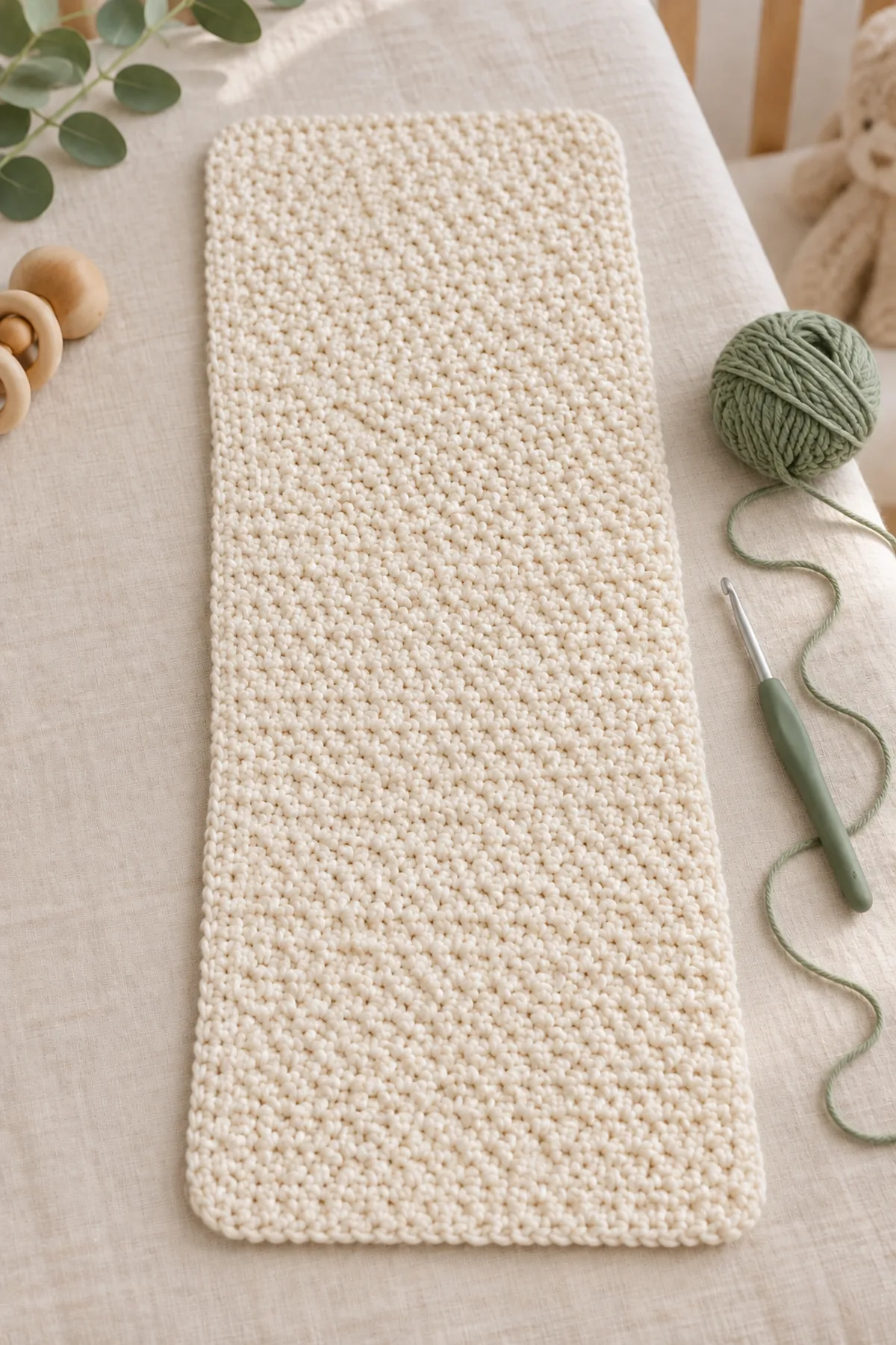 Completed cream 9 by 18 inch crochet burp cloth body before its sage textured border