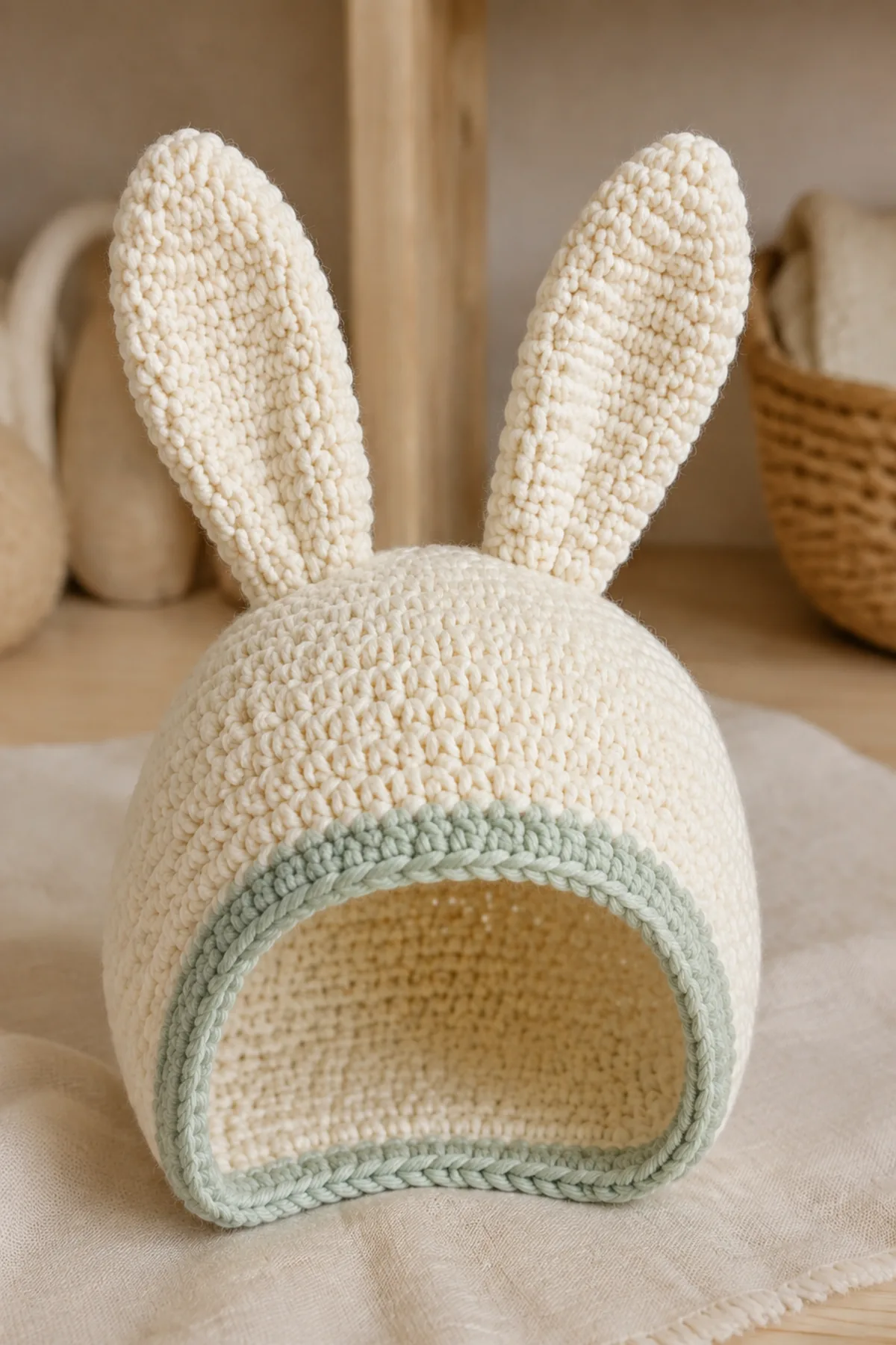 Close-up of the counted crown, tie-free edge, and reinforced bunny-ear seams