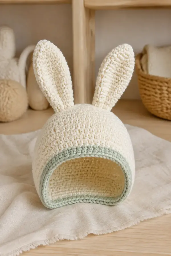 Finished cream bunny ear baby bonnet with a soft sage face edge