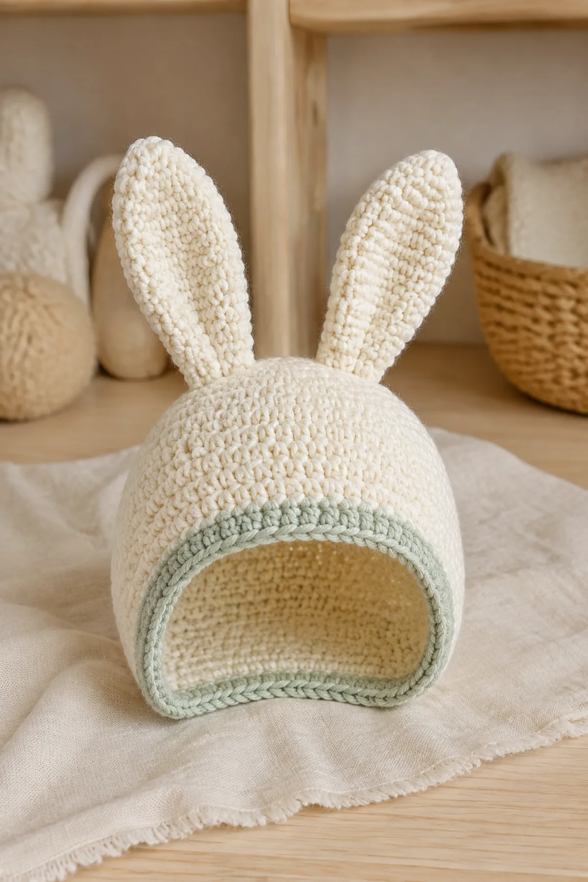 Finished cream bunny ear baby bonnet with a soft sage face edge