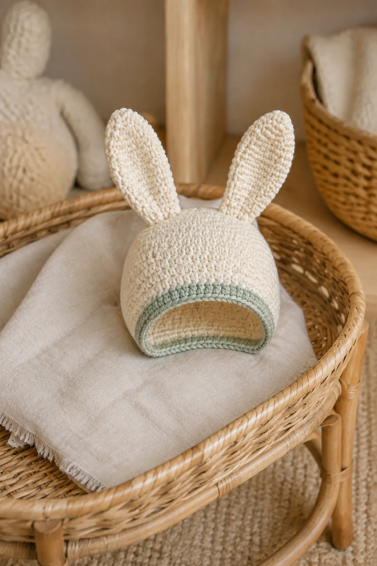 Finished easy crochet bunny ear baby bonnet styled in a calm bright nursery setting without a baby present