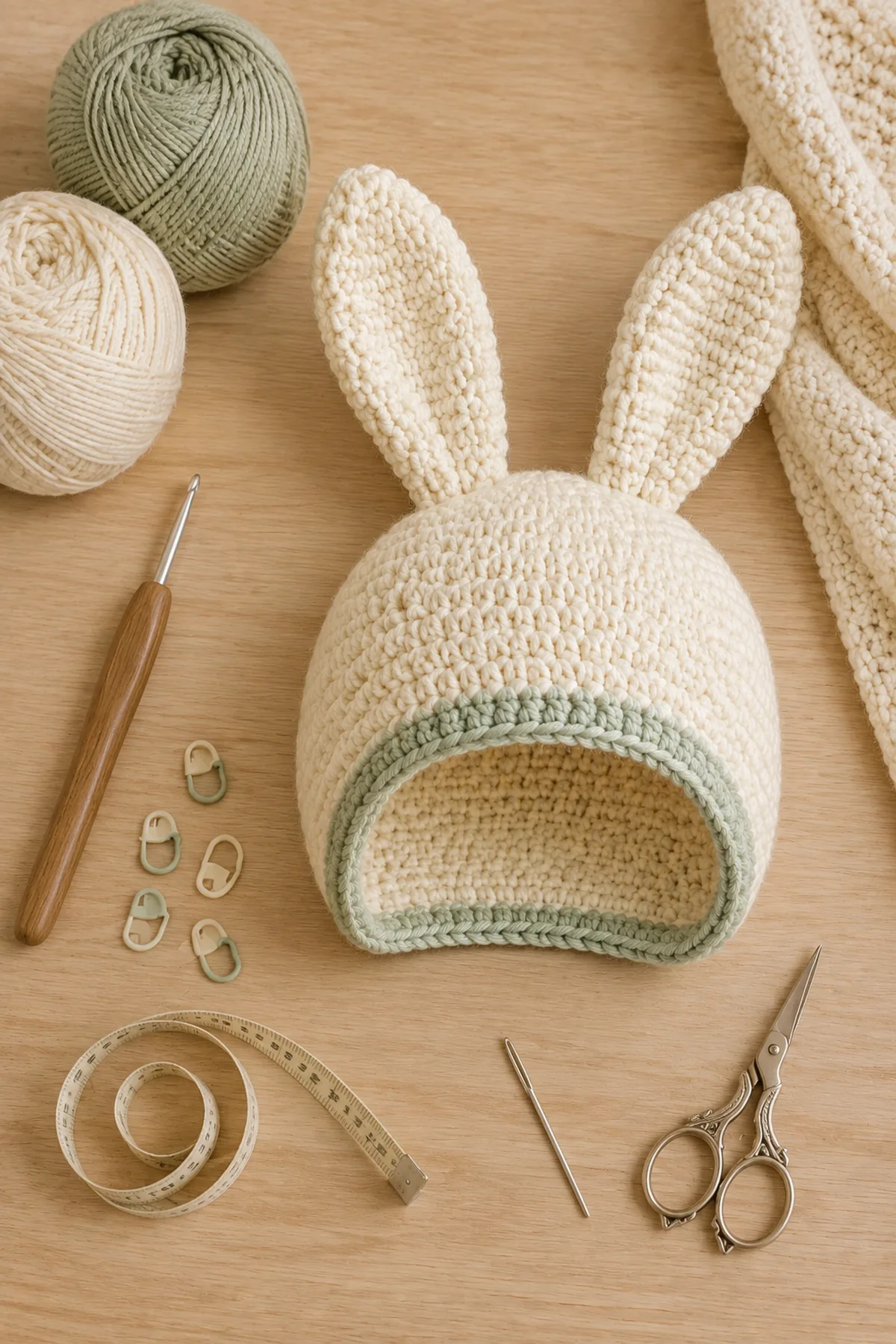 Baby-friendly yarn, crochet hook, stitch markers, tape measure, yarn needle, and scissors for easy crochet bunny ear baby bonnet