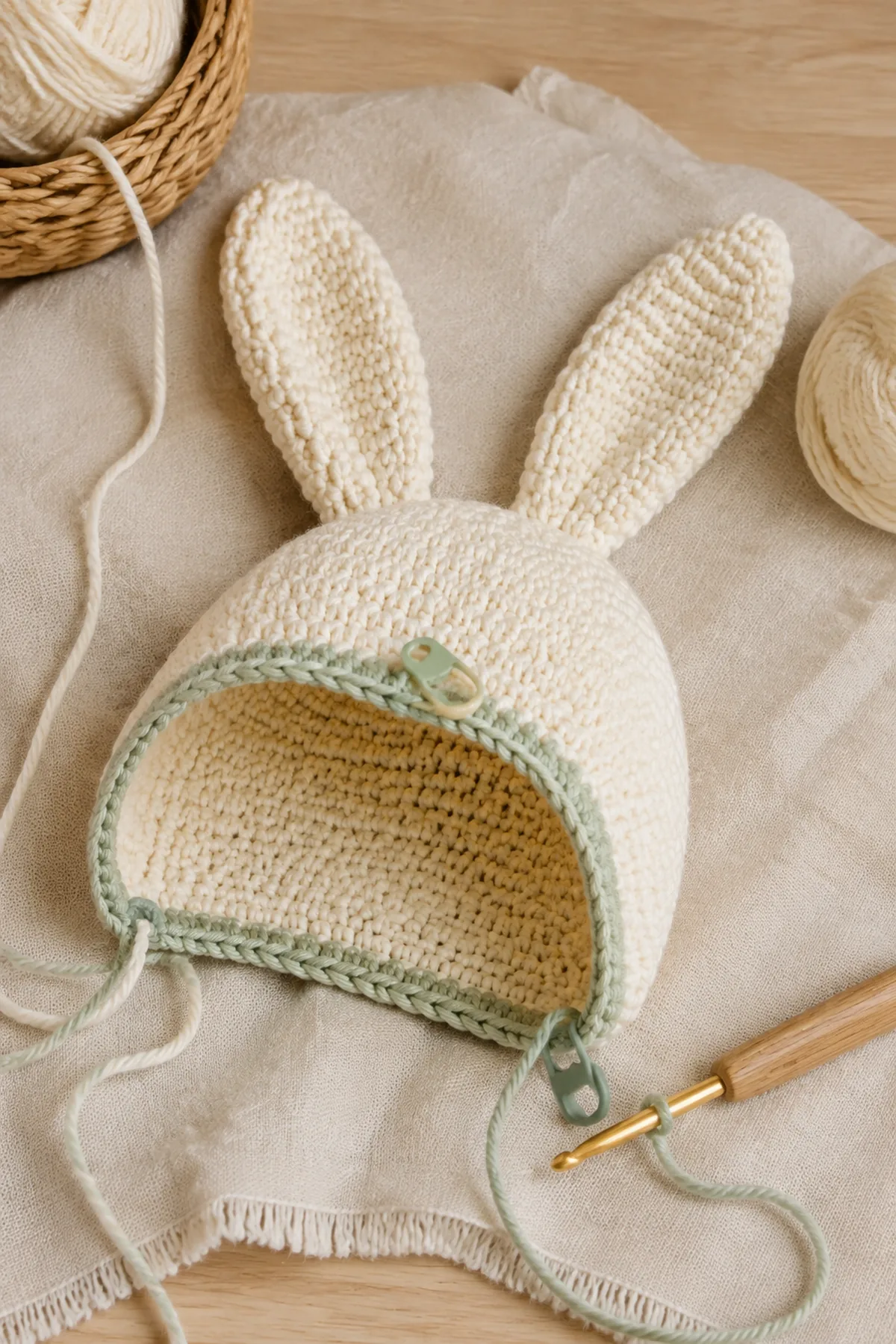 Early counted crochet stage of easy crochet bunny ear baby bonnet with matching yarn and hook