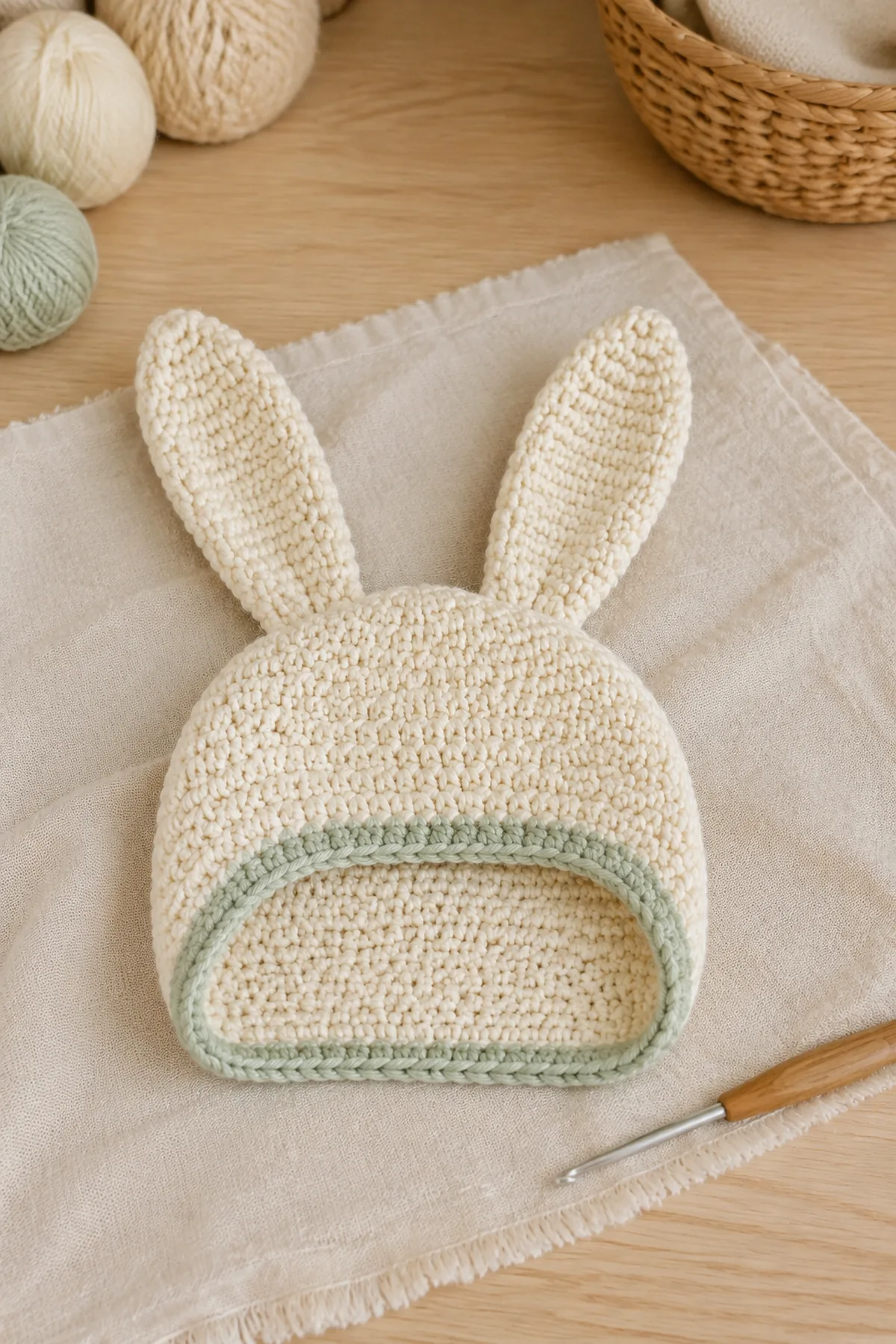 Cream bonnet crown with two separate flat bunny ears before secure sewing