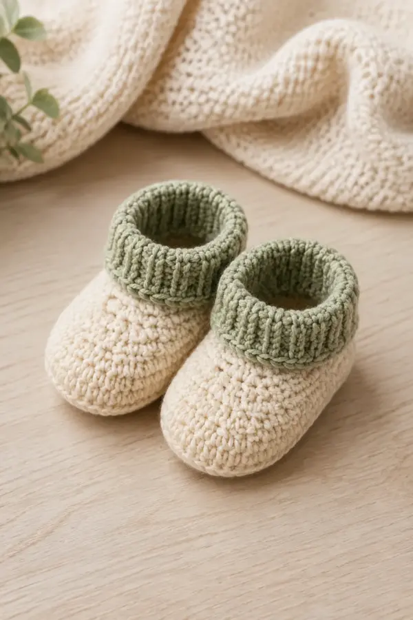 Finished easy crochet foldover baby slippers in soft cream and sage yarn on a neutral nursery surface