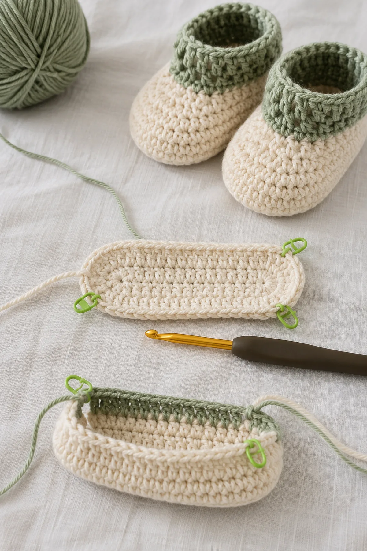 Early counted crochet stage of easy crochet foldover baby slippers with matching yarn and hook