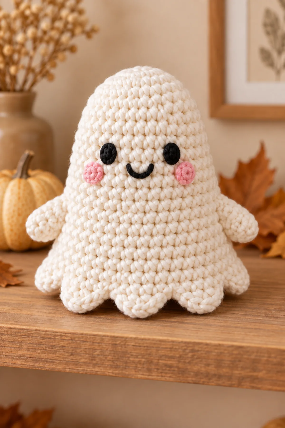 Close-up of secure embroidered ghost, pumpkin, and bat faces, dense single crochet texture, ghost scallops, pumpkin rib wrap, and fully sewn bat wing edge