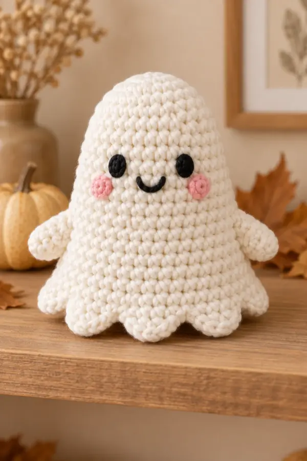 Three finished original beginner Halloween amigurumi together: a plump white ghost with six scallops, a ribbed orange pumpkin with green stem, and a tiny charcoal bat with two mirrored wings, all with embroidered friendly faces