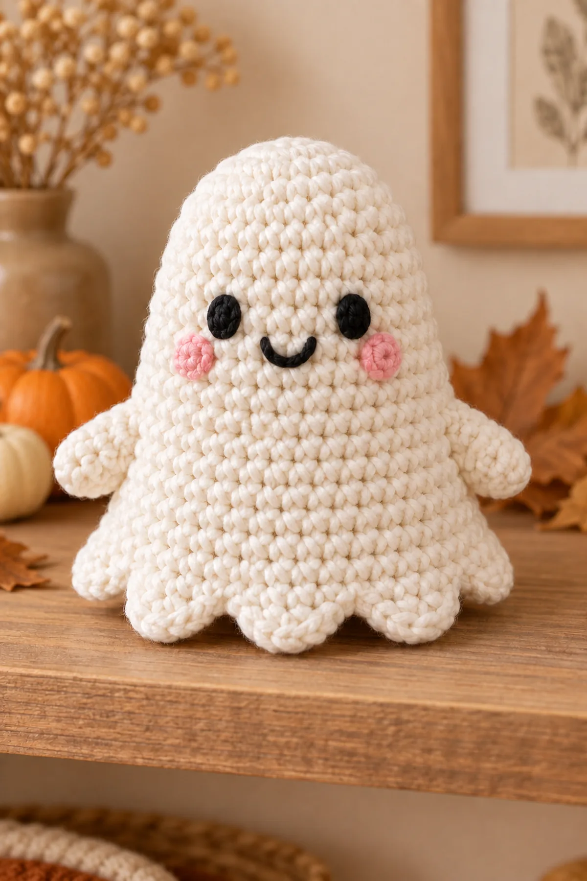 Completed white ghost, orange pumpkin, and charcoal bat amigurumi trio styled on a warm neutral autumn nursery shelf without a baby or crib