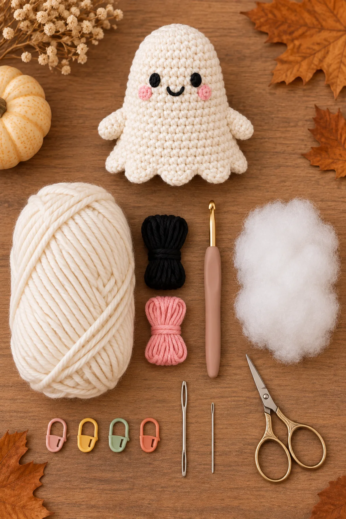 White, orange, charcoal, green, cream, and blush DK yarn, 3.25 mm hook, washable stuffing, markers, yarn needle, embroidery needle, and scissors for three beginner Halloween amigurumi