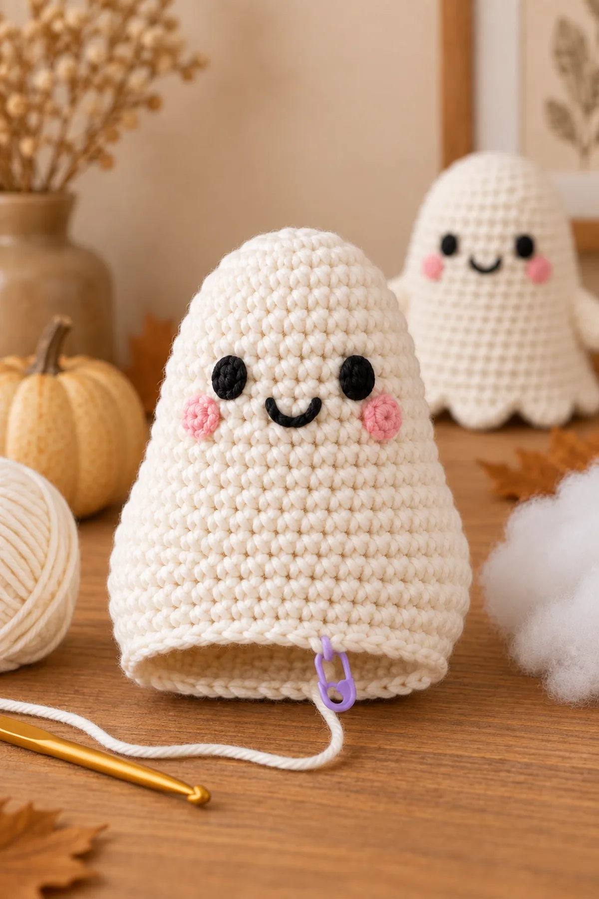 Partly crocheted white ghost body at 24 stitches with round marker, embroidered face, stuffing, and six lower front loops visible for the scalloped skirt