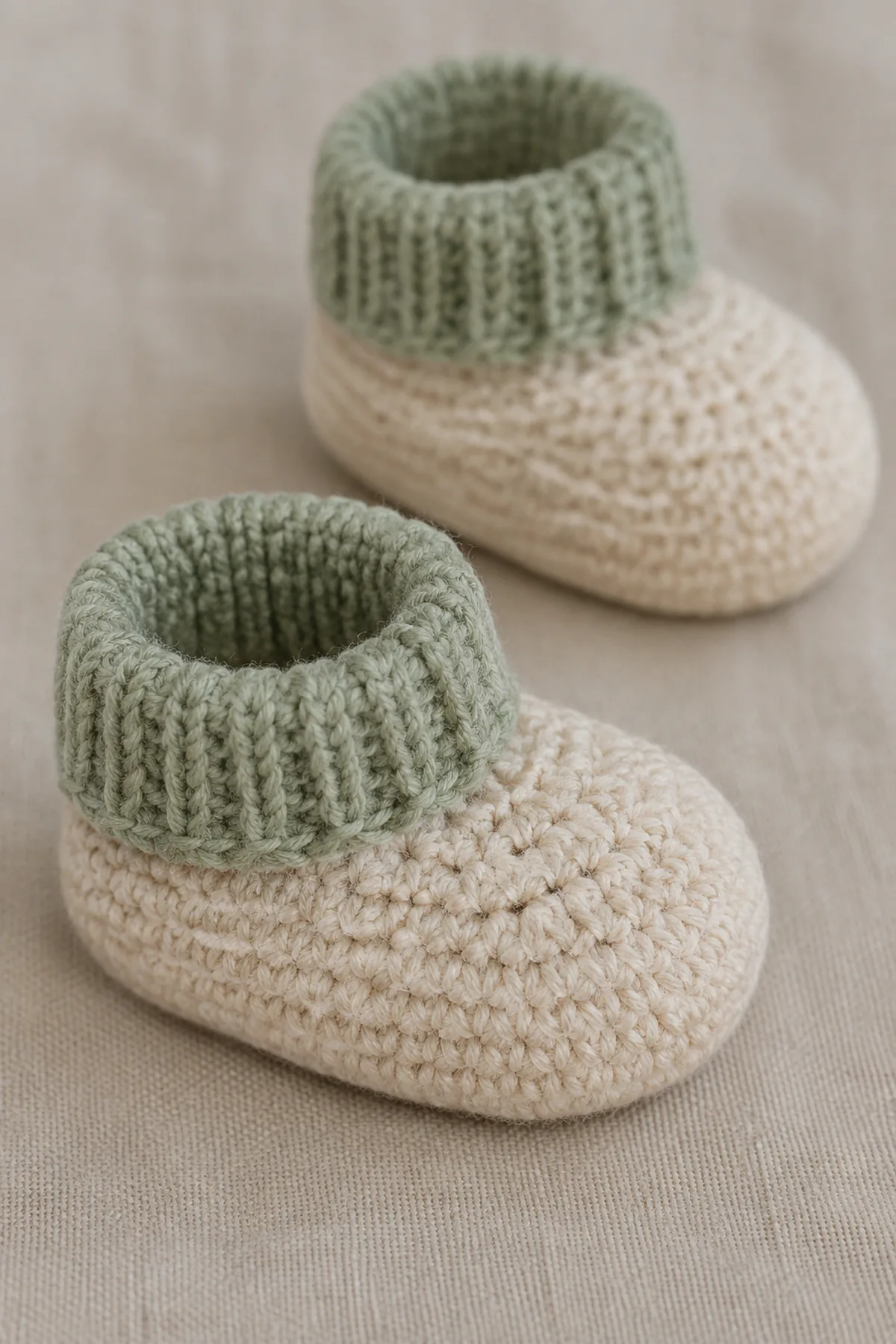 Close-up of the stitch texture and securely finished details on easy crochet newborn slippers