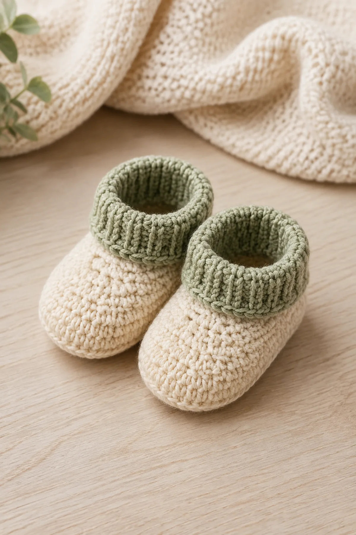 Finished easy crochet newborn slippers in soft cream and sage yarn on a neutral nursery surface