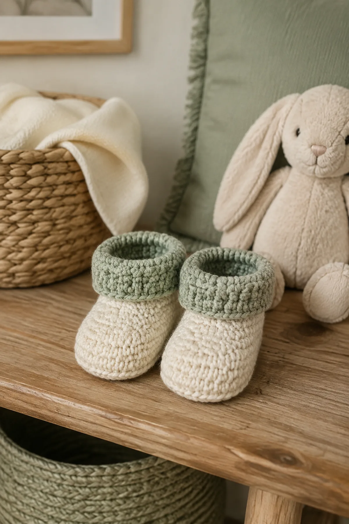 Finished easy crochet newborn slippers styled in a calm bright nursery setting without a baby present