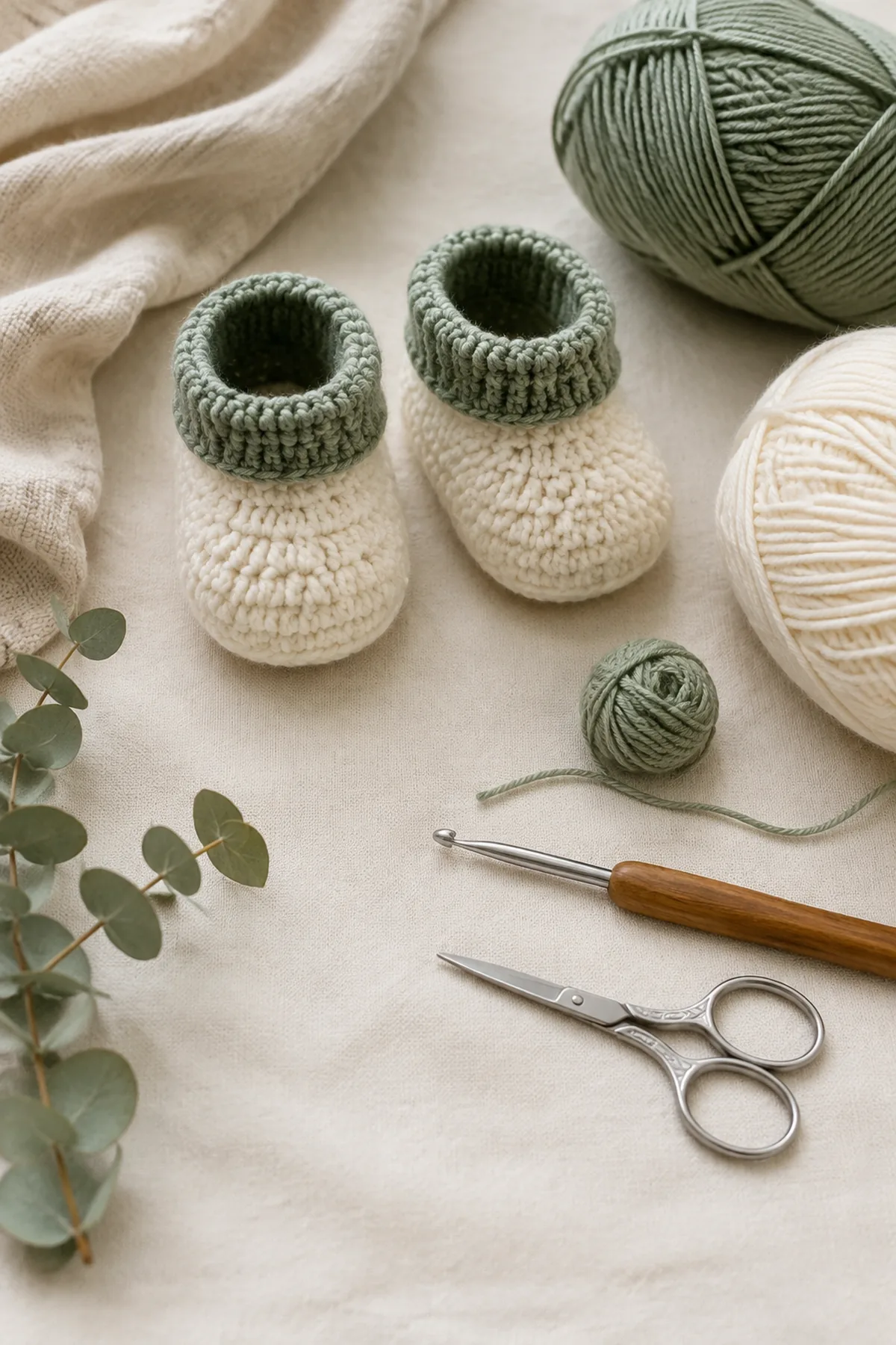 Baby-friendly yarn, crochet hook, stitch markers, tape measure, yarn needle, and scissors for easy crochet newborn slippers
