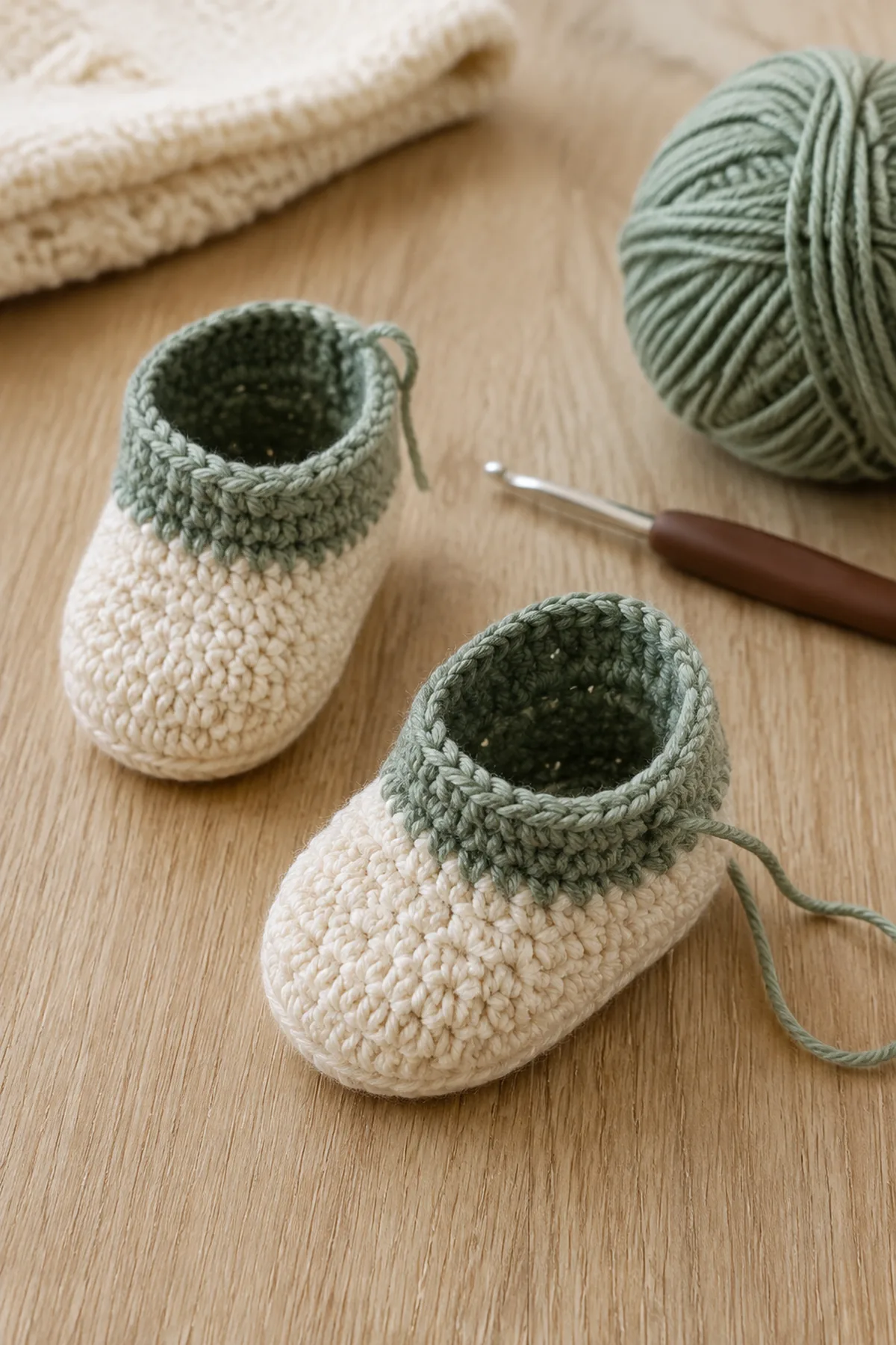 Mid-process construction of easy crochet newborn slippers showing the established shape
