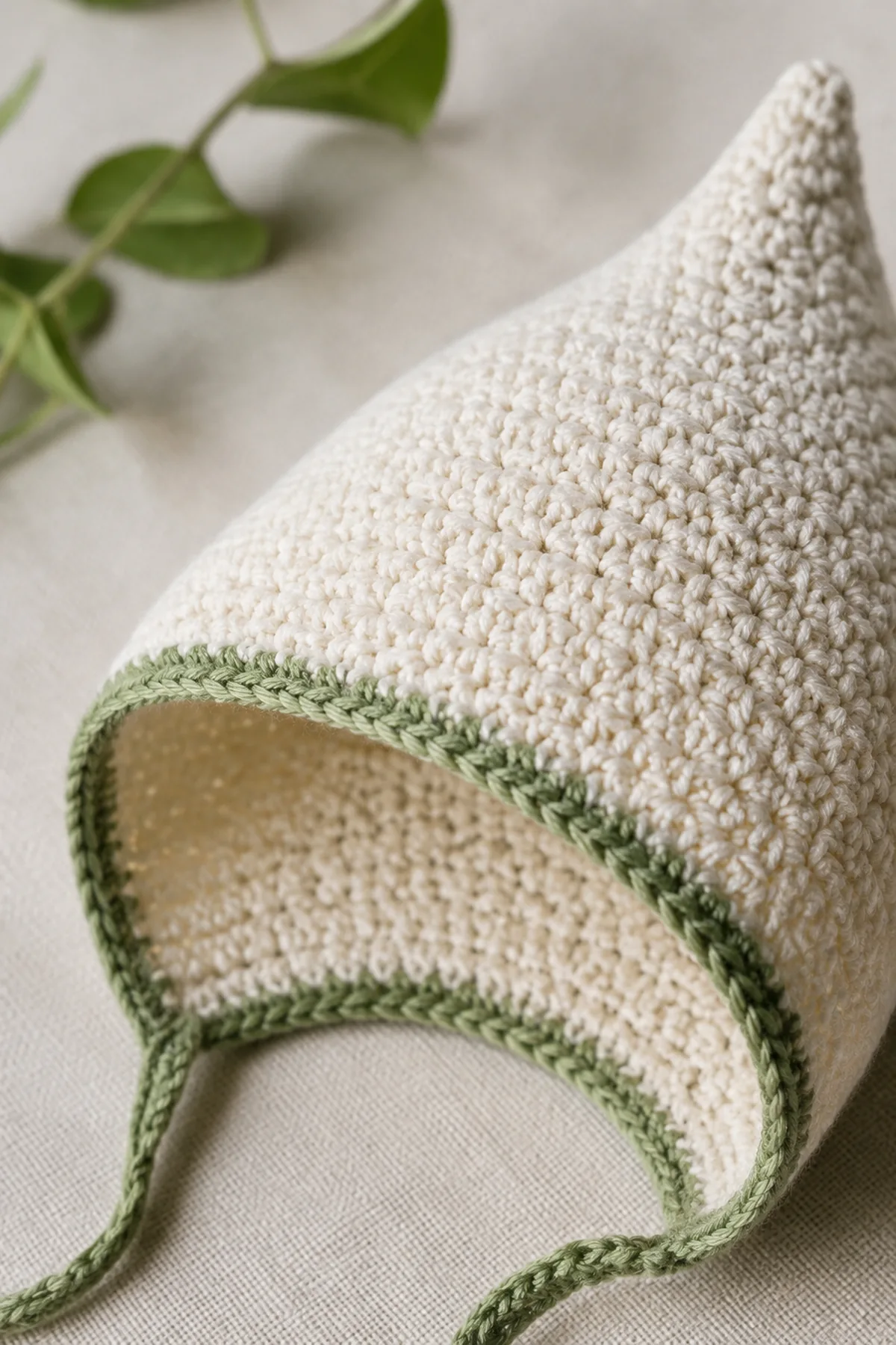 Close-up of the stitch texture and securely finished details on easy crochet pixie baby bonnet