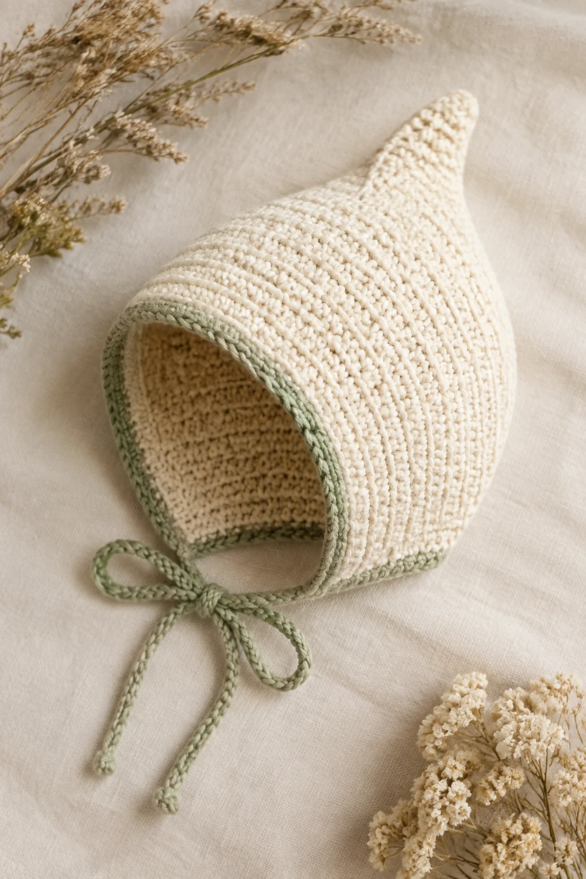 Finished easy crochet pixie baby bonnet in soft cream and sage yarn on a neutral nursery surface
