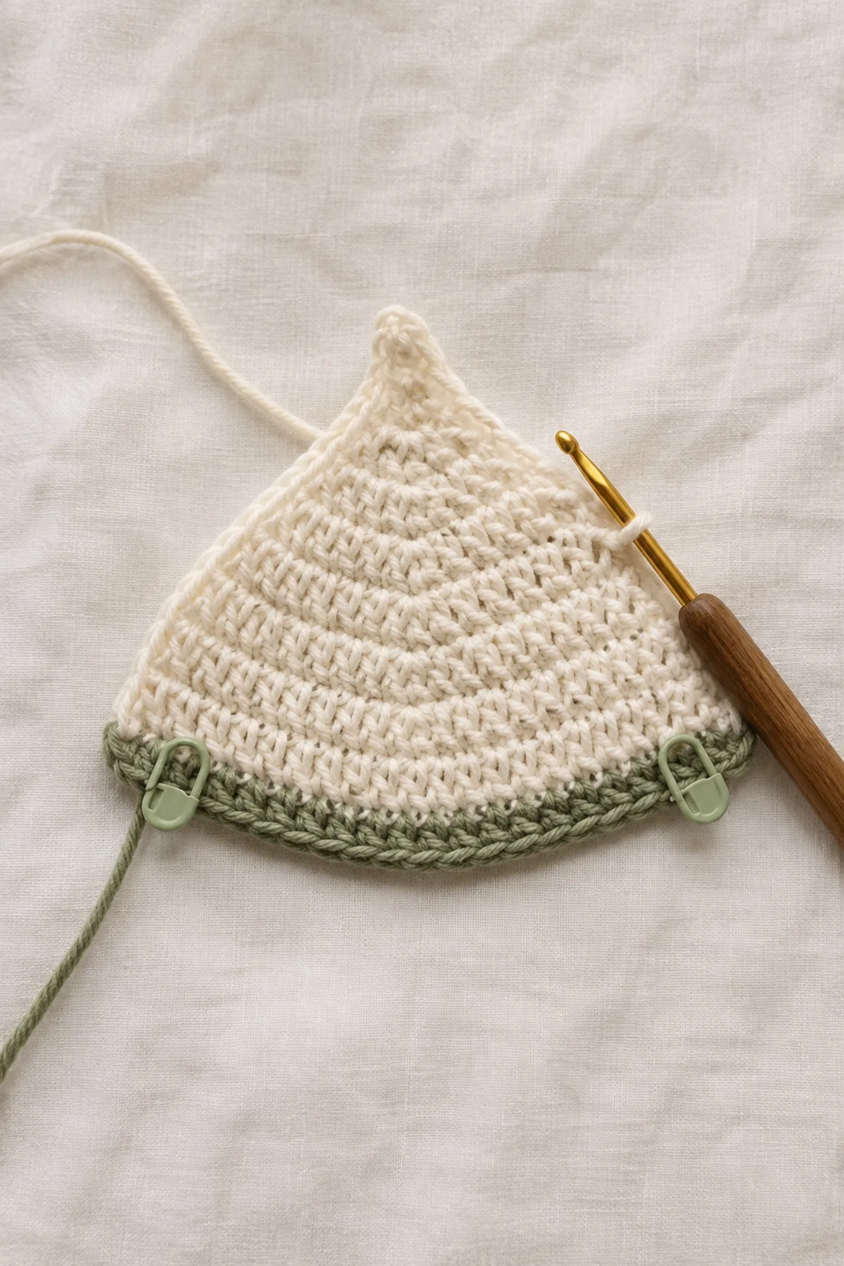 Early counted crochet stage of easy crochet pixie baby bonnet with matching yarn and hook