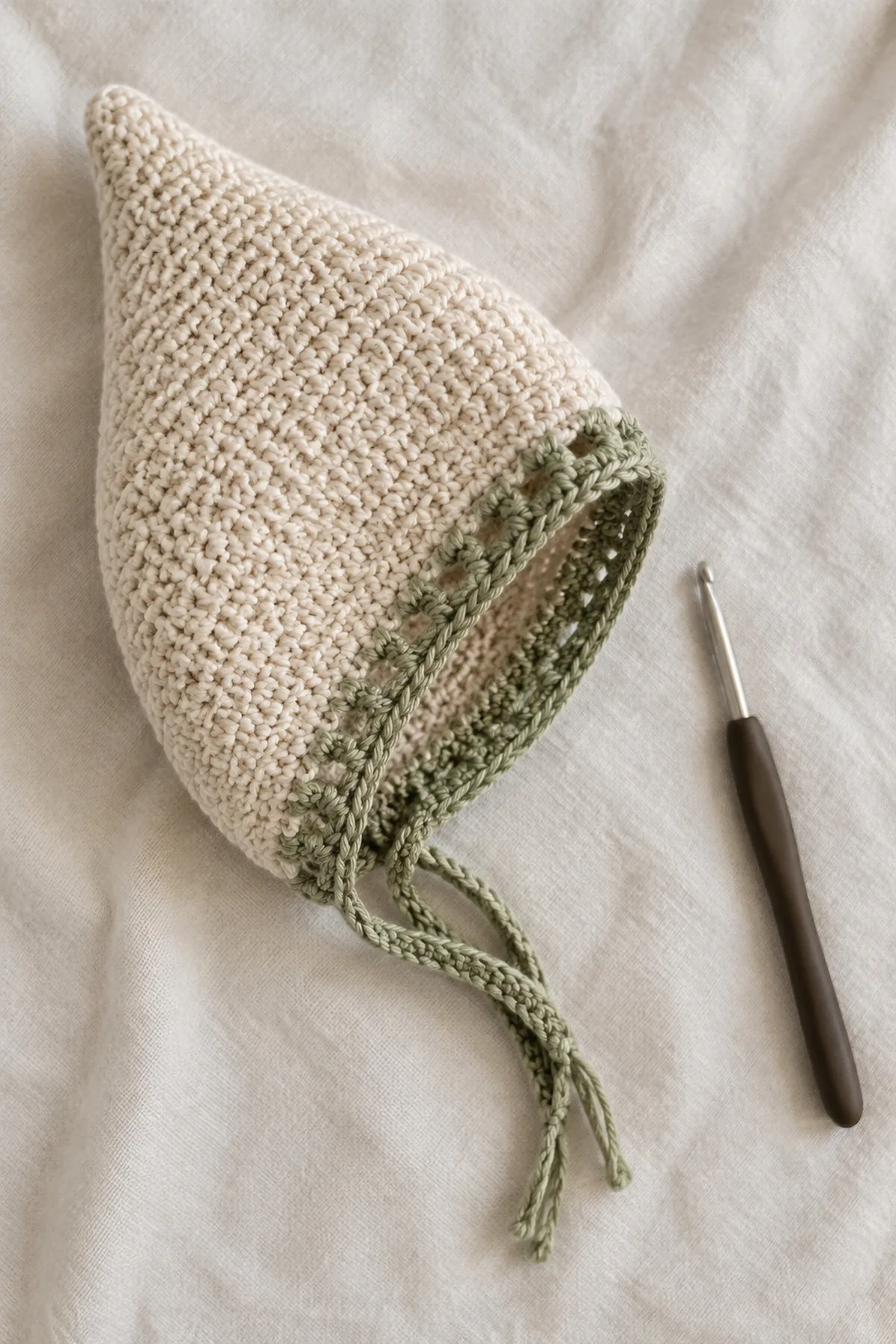 Mid-process construction of easy crochet pixie baby bonnet showing the established shape